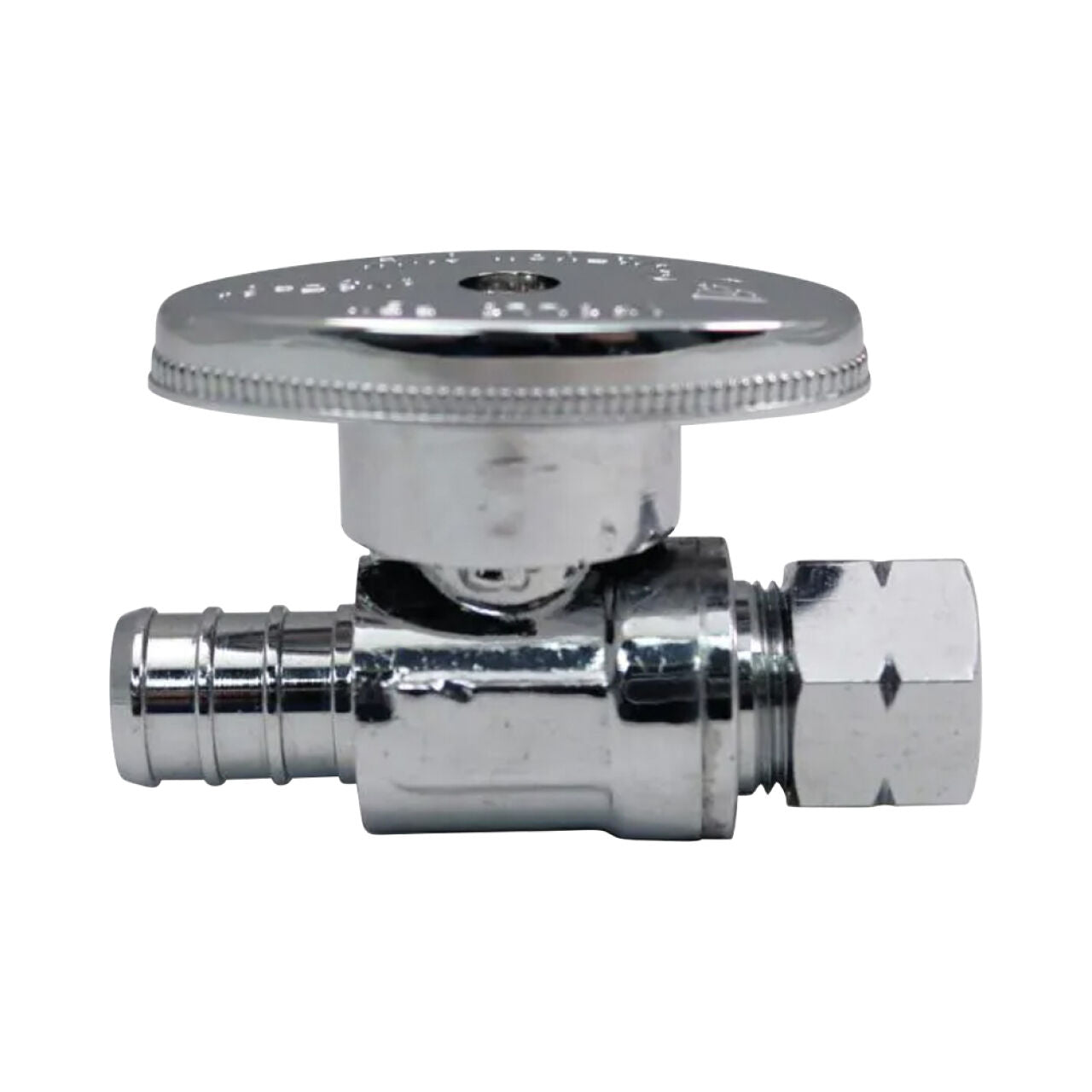 The Go Build 1/2 in. Brass PEX Barb x 3/8 in. Compression Quarter-Turn Straight Stop Valve features a chrome-plated finish and flat handle, ideal for controlling pipe water flow.